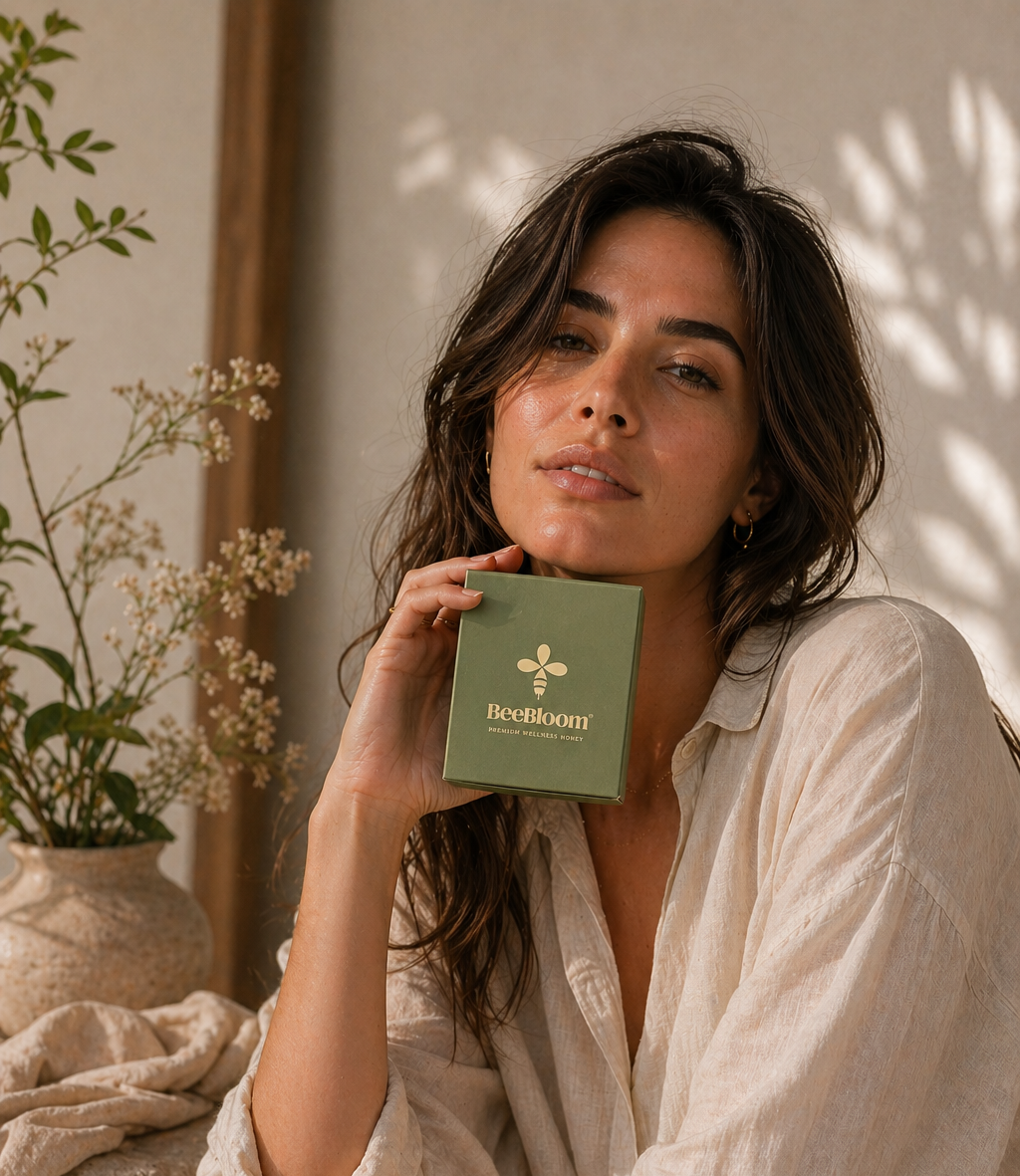 Woman holding a green box with a brand logo, sitting in a natural setting with plants.