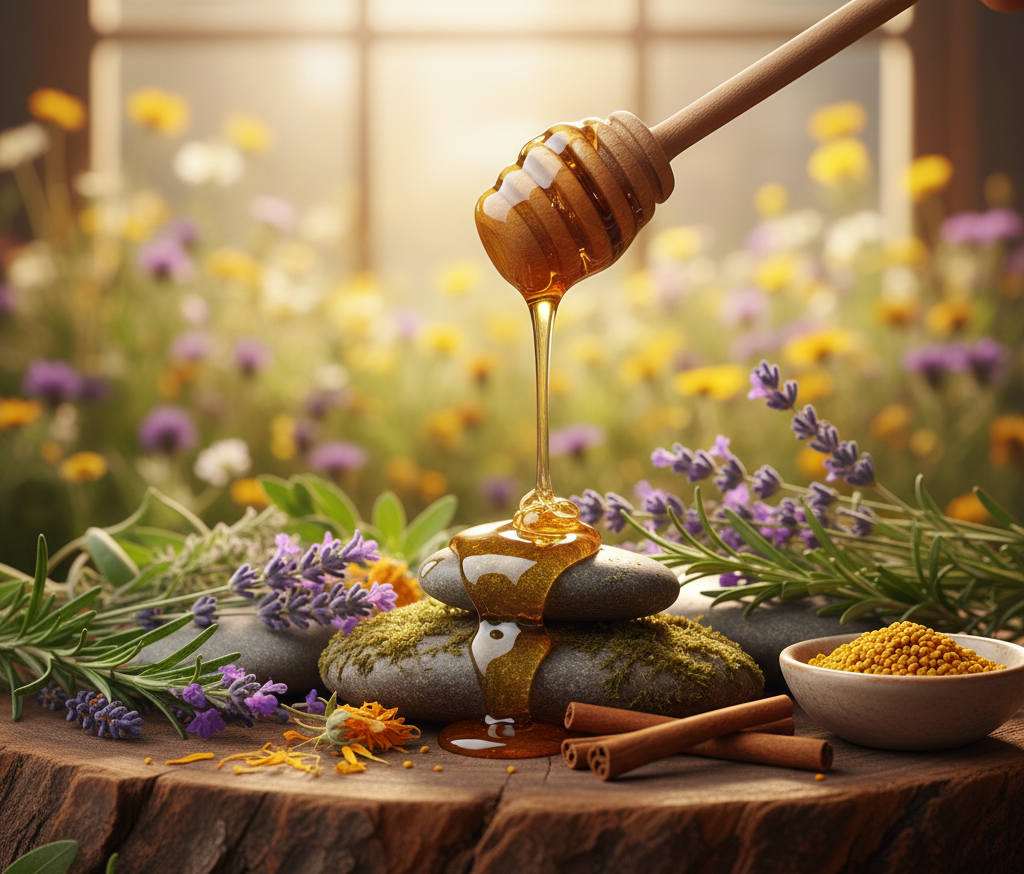 Honey being drizzled from a dipper onto stones with flowers and herbs in the background
