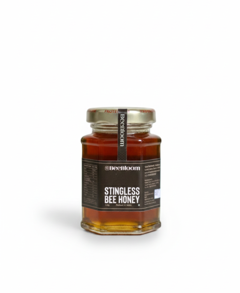Jar of 'Stingless Bee Honey' on a white background