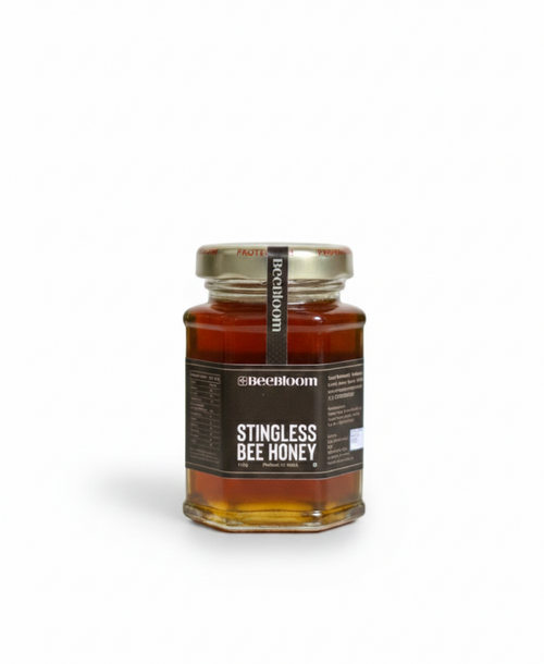 Jar of 'Stingless Bee Honey' on a white background