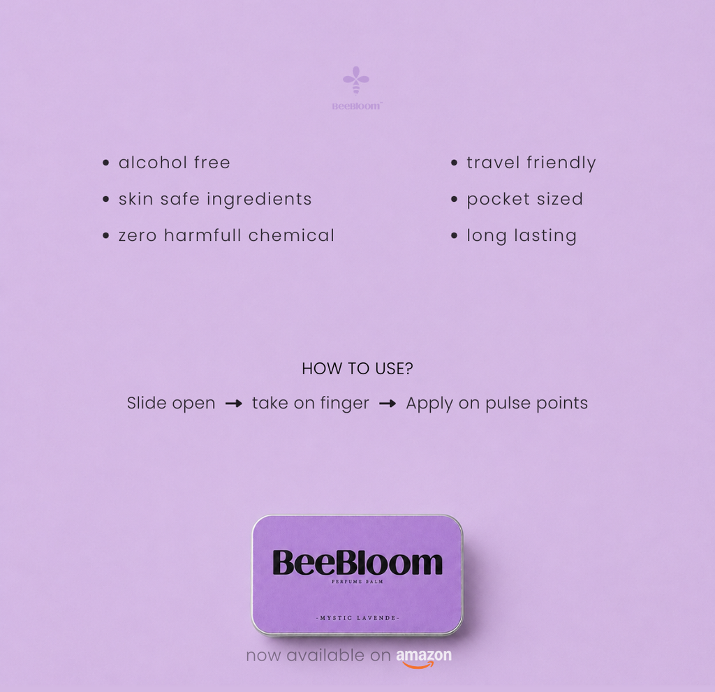 A purple product information graphic for BeeBloom Mystic lavende Lvander solid perfume. It features bullet points highlighting key features like 'alcohol free', 'skin safe ingredients', and 'travel friendly', along with a 'HOW TO USE?' section and a photo of the purple circular product at the bottom.