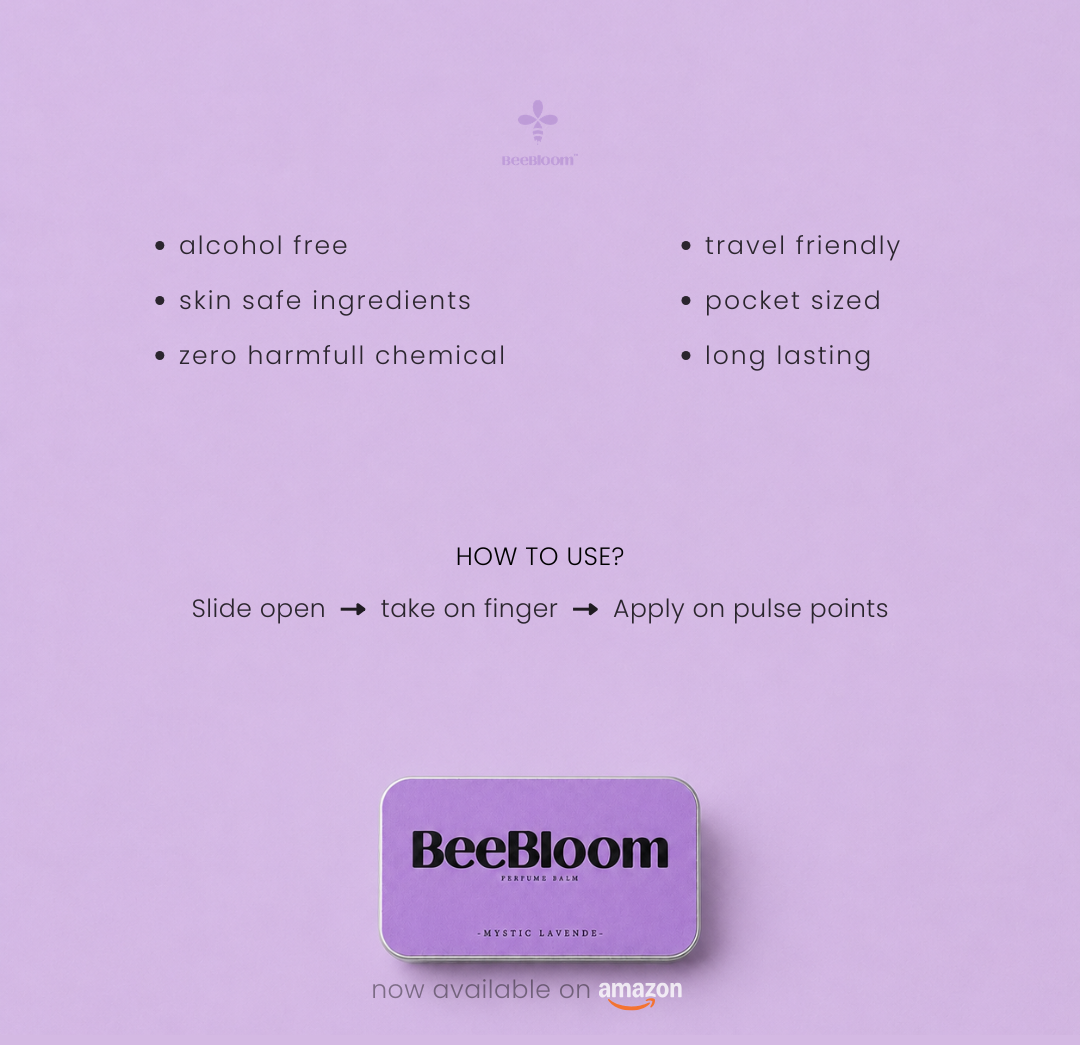 A purple product information graphic for BeeBloom Mystic lavende Lvander solid perfume. It features bullet points highlighting key features like 'alcohol free', 'skin safe ingredients', and 'travel friendly', along with a 'HOW TO USE?' section and a photo of the purple circular product at the bottom.